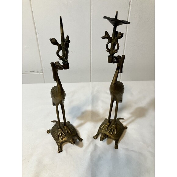 Vintage Pair Of Brass Crane On Turtle Candlesticks Buddhist Alter Sculpture - Picture 1 of 10